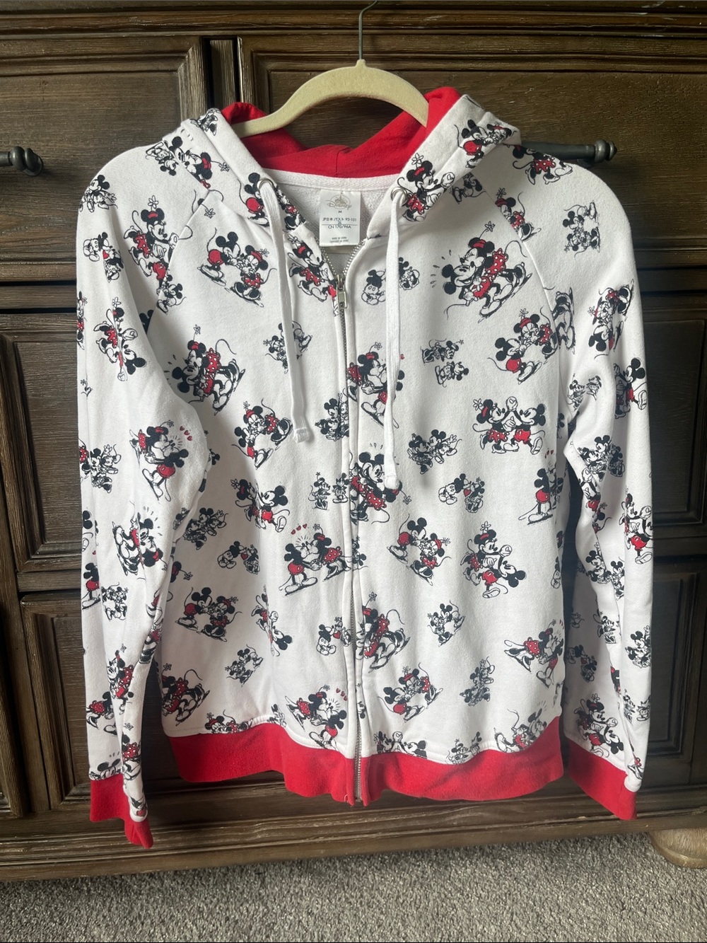 Disney Parks White Hoodie with Black & Red Mickey & Minnie Print